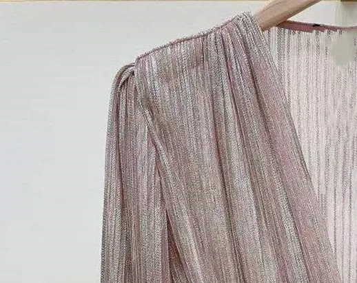 

High Waist Women Pleated Lurex V-Neck Dress 2021 Autumn new Sexy Ladies Long Puff Sleeve Slim Female Mini Robe