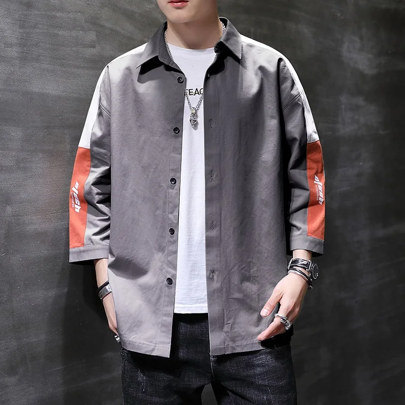 

Summer Stitching Contrast Color Seven-quarter Sleeve Shirt Men's Korean Style Fashion Pure Cotton Slim Fit Non-iron Casual Shirt