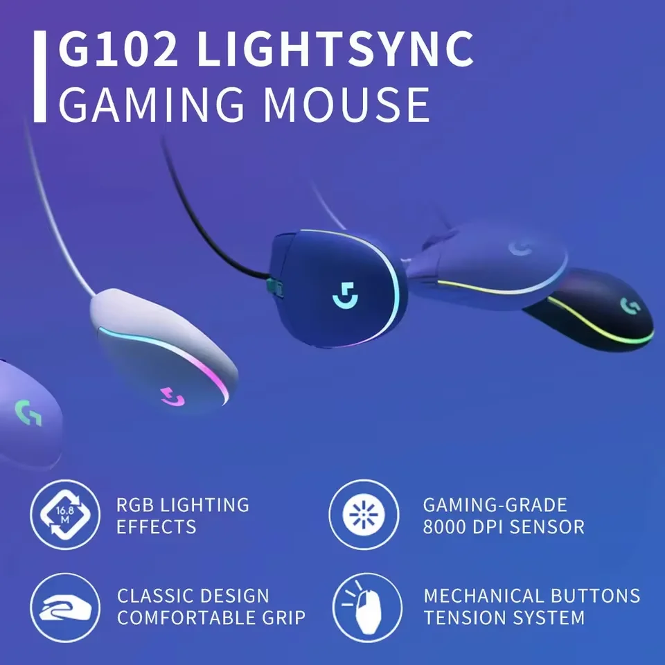 Фото Игровая мышь Logitech G102/G203 Lightsync с оптическим отслеживанием, 8000 DPI, 16,8 млн цветов LED-подсветки, 6 настраиваемых кнопок, проводная №1