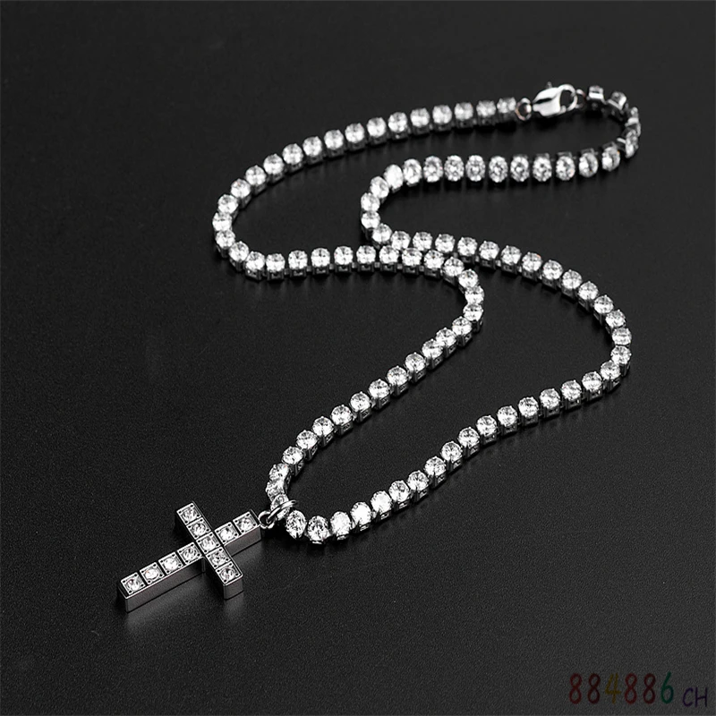 

European And American Hip Hop Fashion Full Diamond Cross Pendant Necklace Trendsetter Men Women Titanium Steel Diamond Chain
