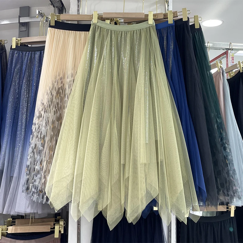 

Ассиметричная сетчатая трапециевидная юбка с завышенной талией длиной до щиколотки, модные повседневные юбки в Корейском стиле, Прямая поставка