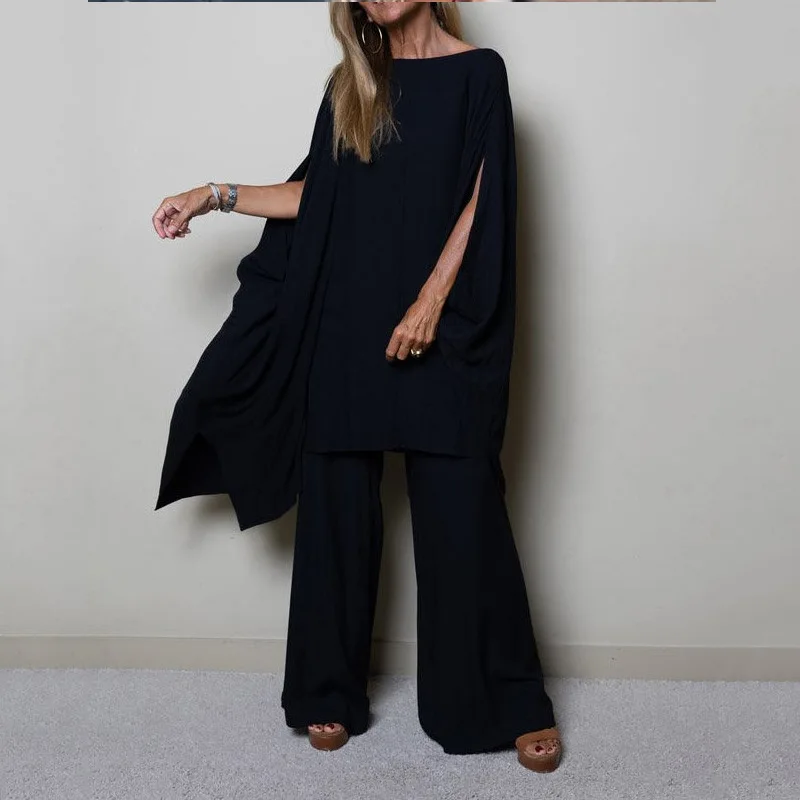 

Harajuku Retro Solid Loose Women Set Spring Crew Collar Batwing Sleeve Top & Wide Leg Pants Outfits Autumn Two Piece Casual Suit