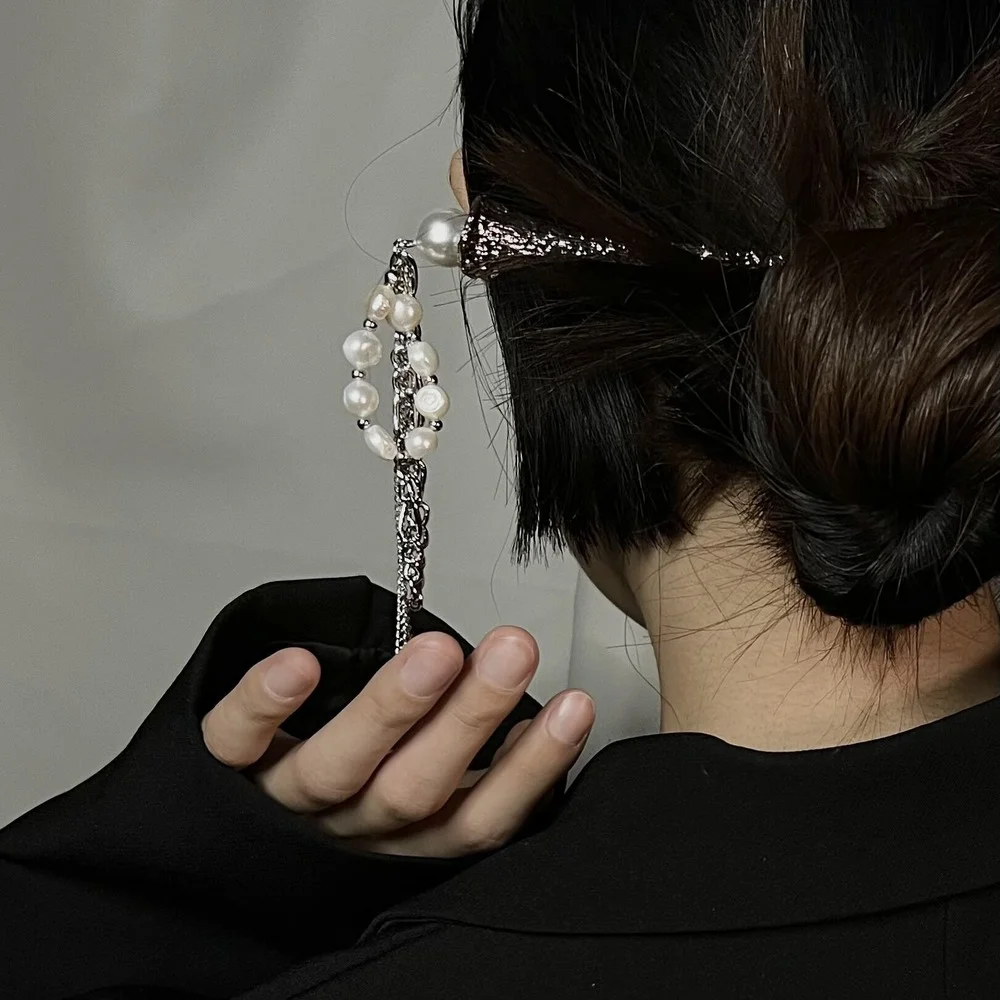 

2022 New Hairpin Accessories Natural Pearl Long Beaded Tassel Irregular Metal Hair Stick Headwear Vintage Jewelry for Women Girl
