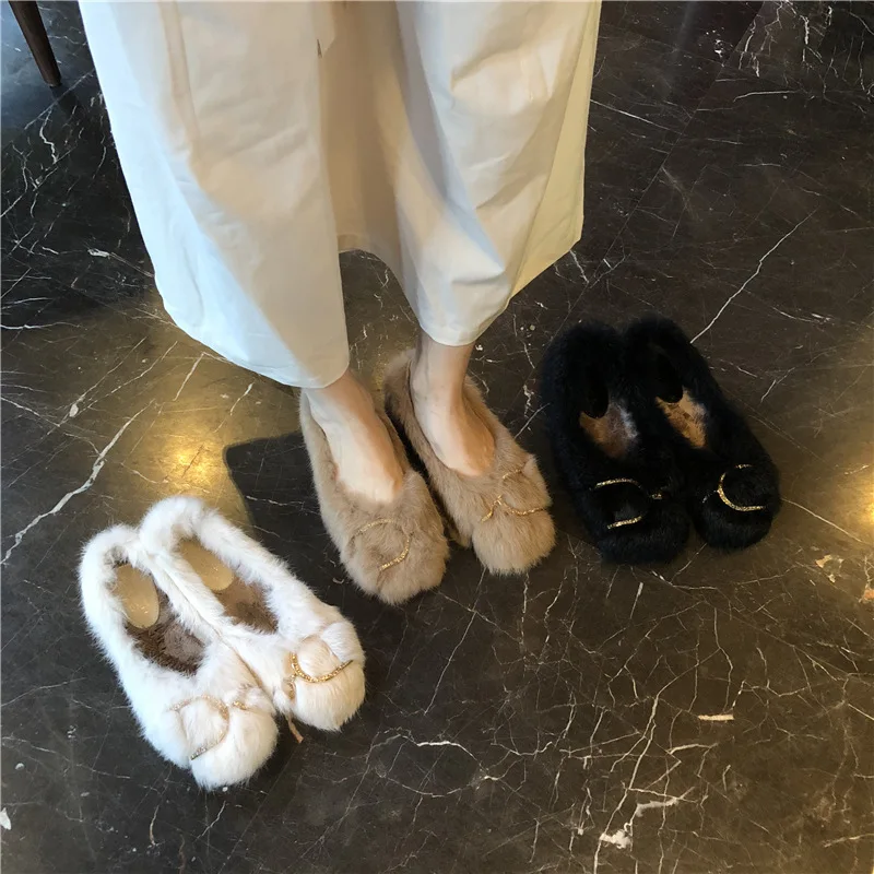 

2022 Autumn Winter New Korean Version Rhinestone Metal Buckle Square Toe Flat Fur Shoes Women Outer Wear Rabbit Fur Warm Shoes