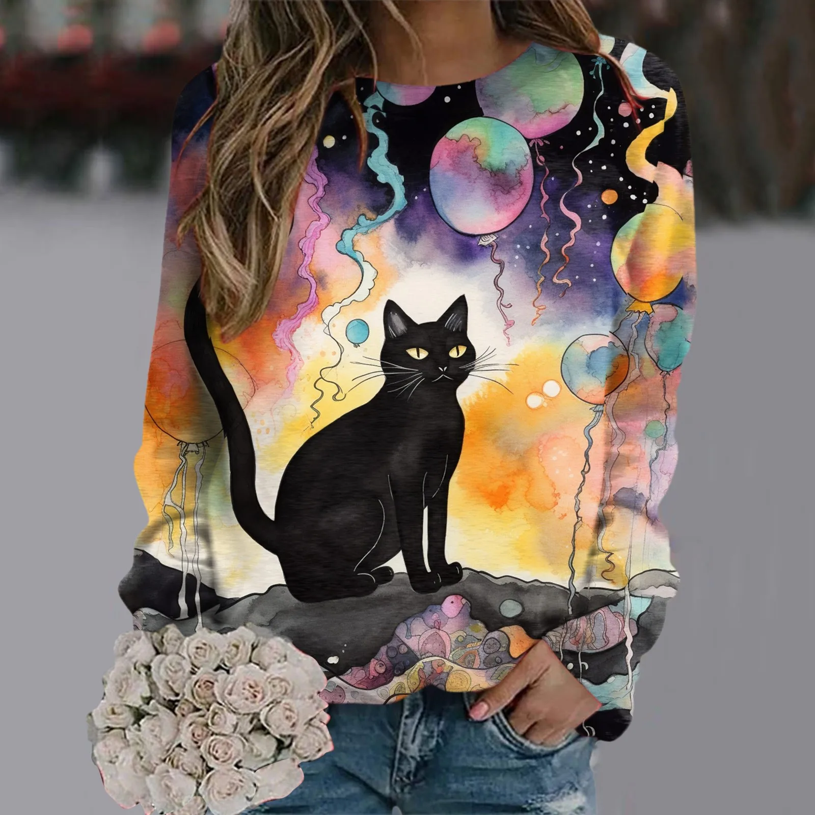 

Женский пуловер с акварельным принтом кота, Модный Красочный свитшот с 3d принтом, Повседневная Свободная одежда для Хэллоуина для дам, осень