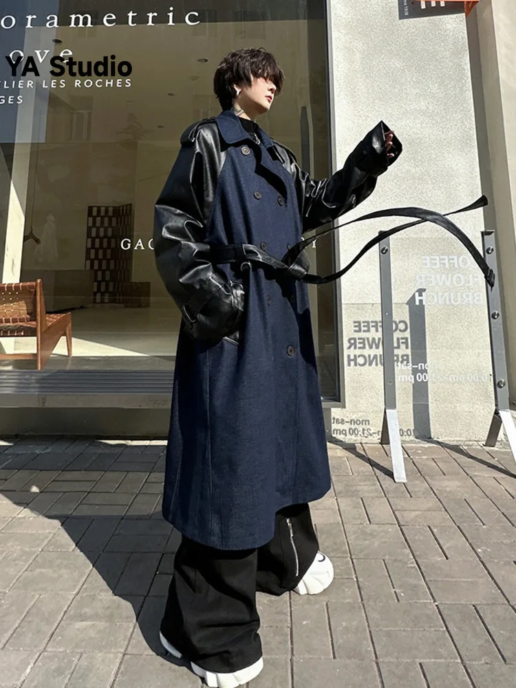 

[YA Studio] 2023 Autumn And Winter Double Breasted Lace-up Denim Splicing PU Leather Trench Coat Men's Mid-length Senior Coat