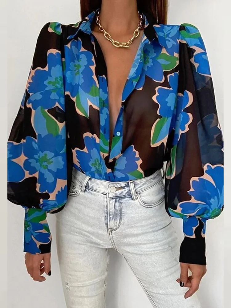 

Women Spring Sexy Single Breasted Cardigan Shirt Fashion Retro Lantern Sleeve Print Blouses Tops Elegant Turn-Down Collar Blusas