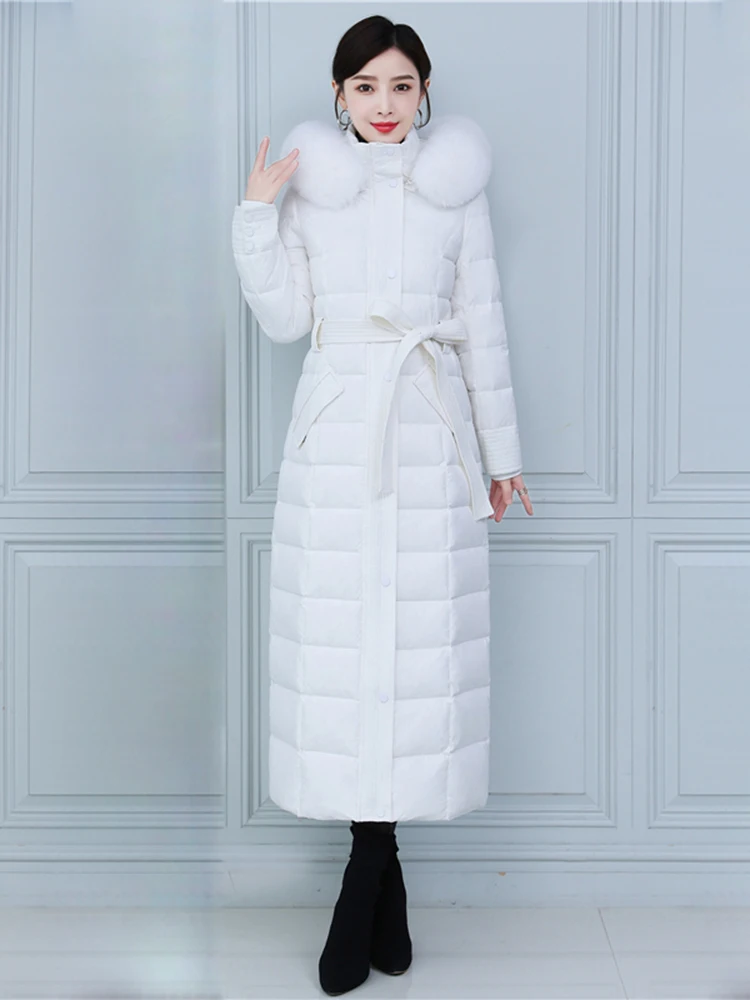 New Women Winter Down Coat Fashion Real Fox Fur Collar Detachable Hooded Lengthened Belt Down Jacket Thicken Warm Overcoat