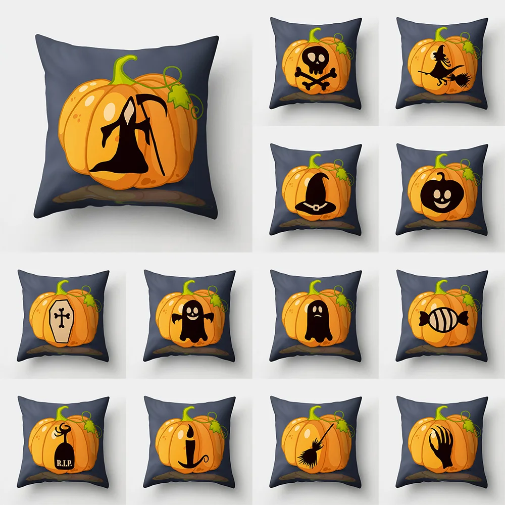 

45x45cm Halloween Pumpkin Witch Ghost Black Cat Print Cushion Cover Home Living Room Sofa Decoration Pillow Cover