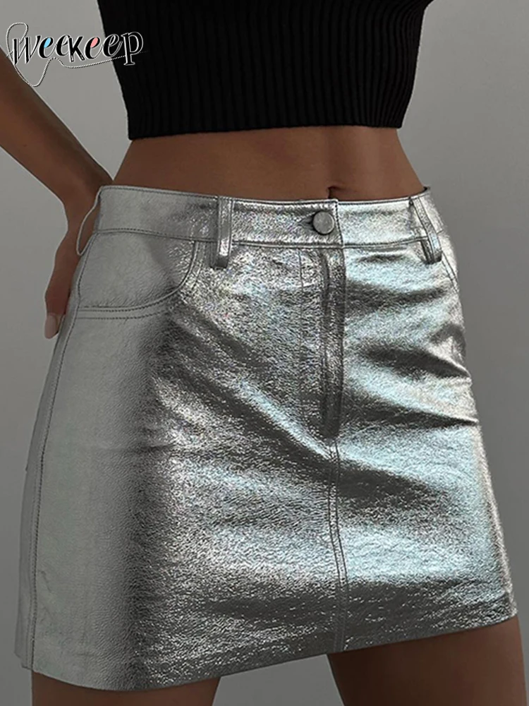 

Weekeep/кожаная короткая юбка с низкой посадкой, сексуальные обтягивающие мини-юбки из искусственной кожи с карманами, Y2k, эстетическая Женская...