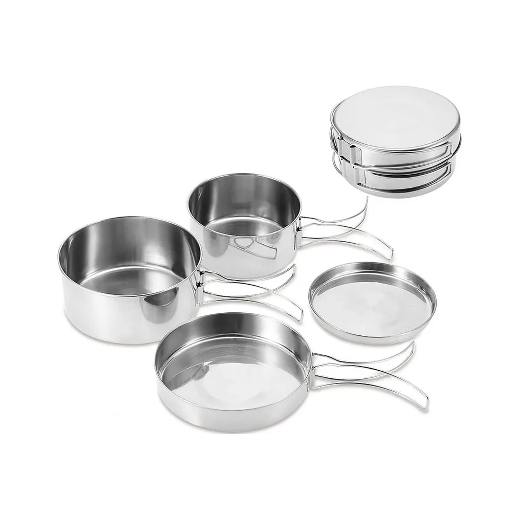 

Foldable Handle Pot Stainless Steel Four-piece Camping Pot Portable Outdoor Cookware Set Picnic Pot Set
