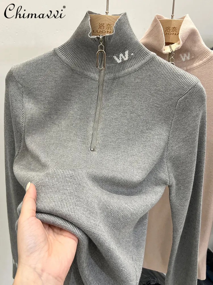 

Женский трикотажный топ с воротником-поло, новинка весны 2023, уникальный модный свитер на молнии, водолазка, Удлиненная рубашка, Женская внут...