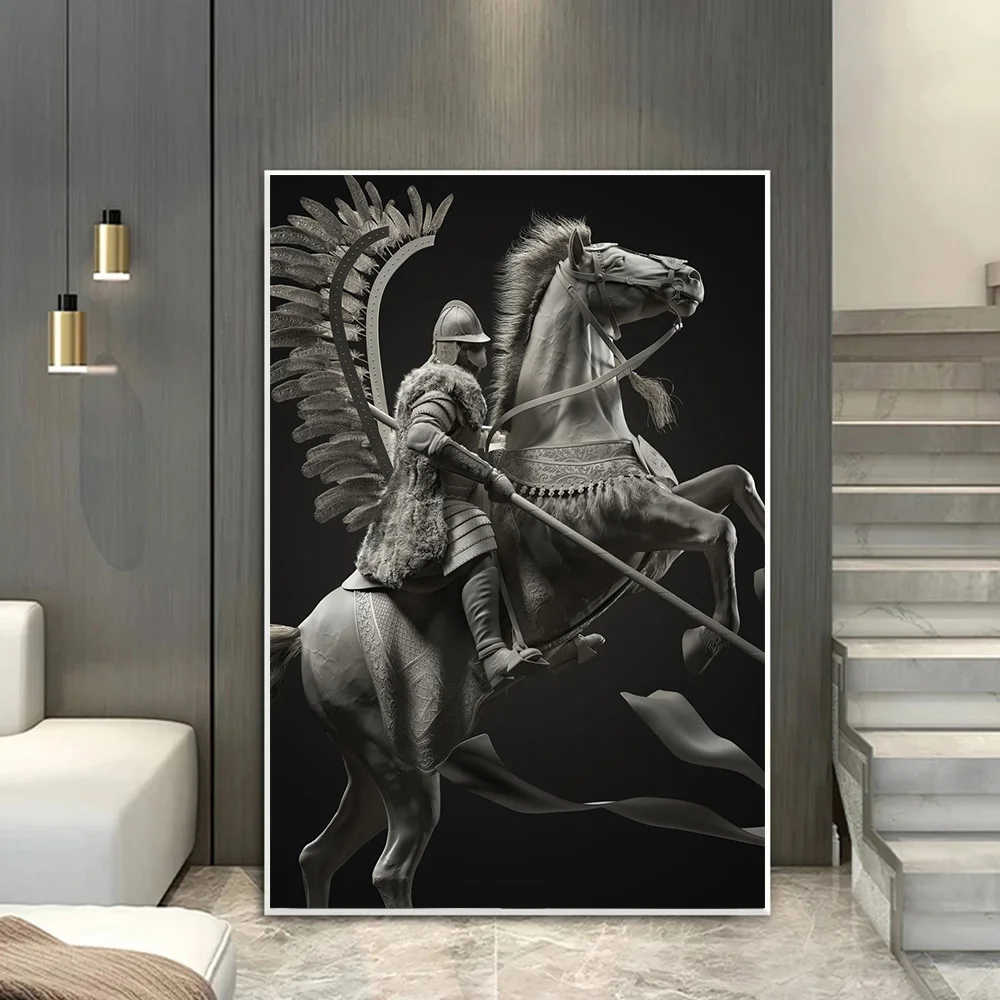 Polish Winged Hussar Sculpture Canvas Painting Wall Art Horse -Riding Warrior Statue Poster Prints For Living Room Home Decor