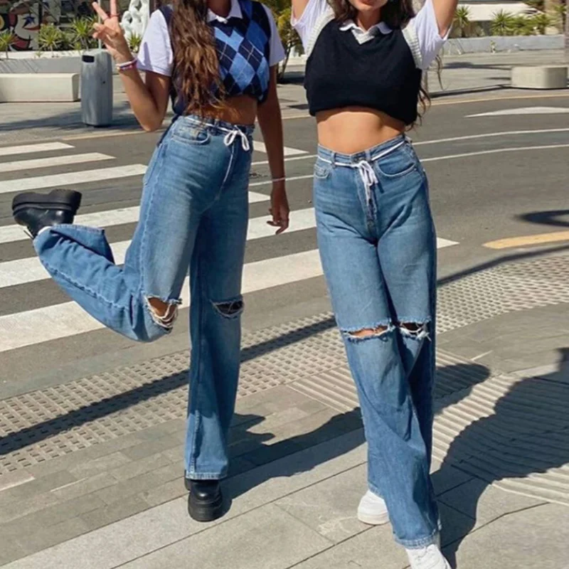 

Women Spring Straight High Waist Baggy Ripped Jeans Cut Rotten Pants Summer Loose Wide Legs Cotton All-Match Streetwear Trouser