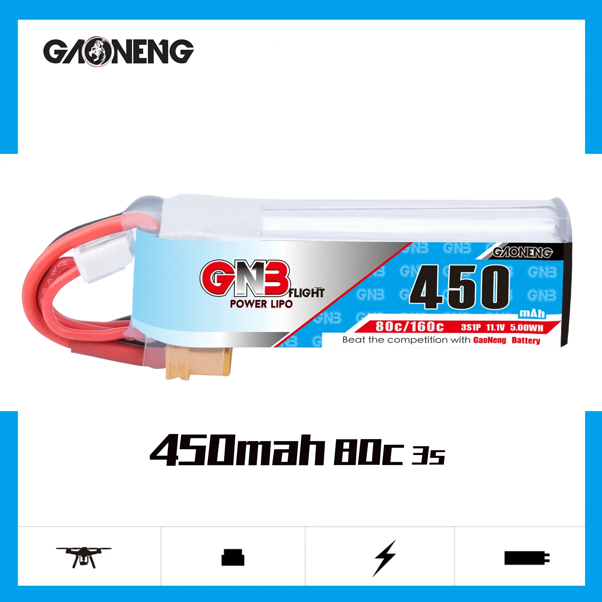 

1/2PCS Gaoneng GNB 450MAH 11.1V 80C 3S Lipo Battery With XT30 Plug For iFlight CineBee Indoor Cine Whoop BetaFPV RC FPV Drone