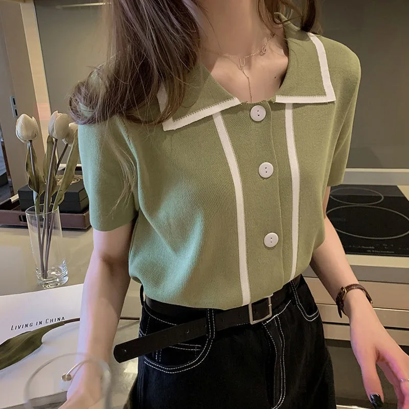 

Летнее тонкое французское универсальное трикотажное поло из ледяного шелка, футболка контрастного зеленого цвета Ши с коротким рукавом, же...