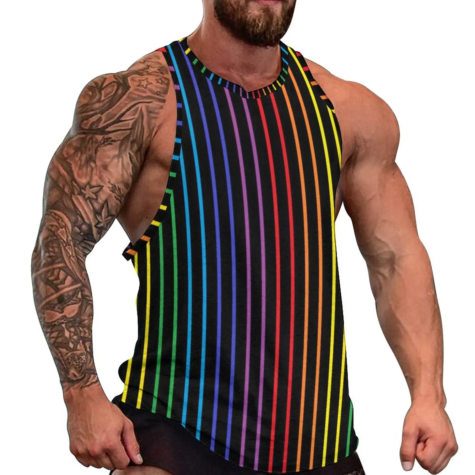 

Vertical Rainbow Daily Tank Top Red Blue Purple Green Stripes Workout Tops Mens Graphic Sportswear Sleeveless Vests Plus Size