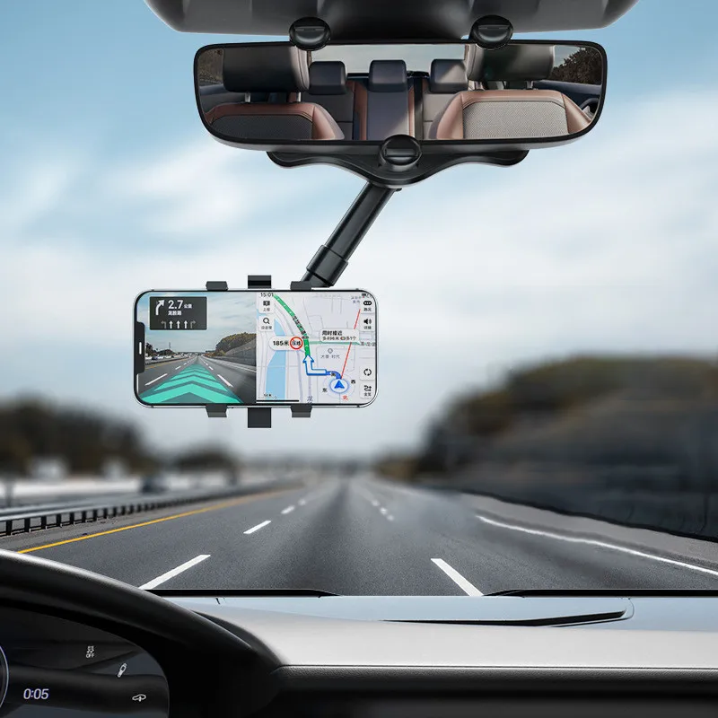 360° Car Rearview Mirror Mount Phone Holder Rotating Adjustable Telescopic Phone Holder Universal Vehicle Mount Phone GPS Holder