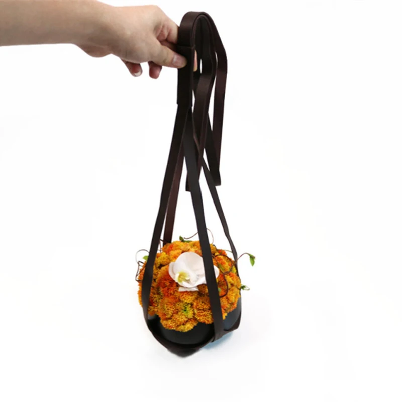 Простая кожаная подвесная корзина для цветочных горшков сетчатая сумочка