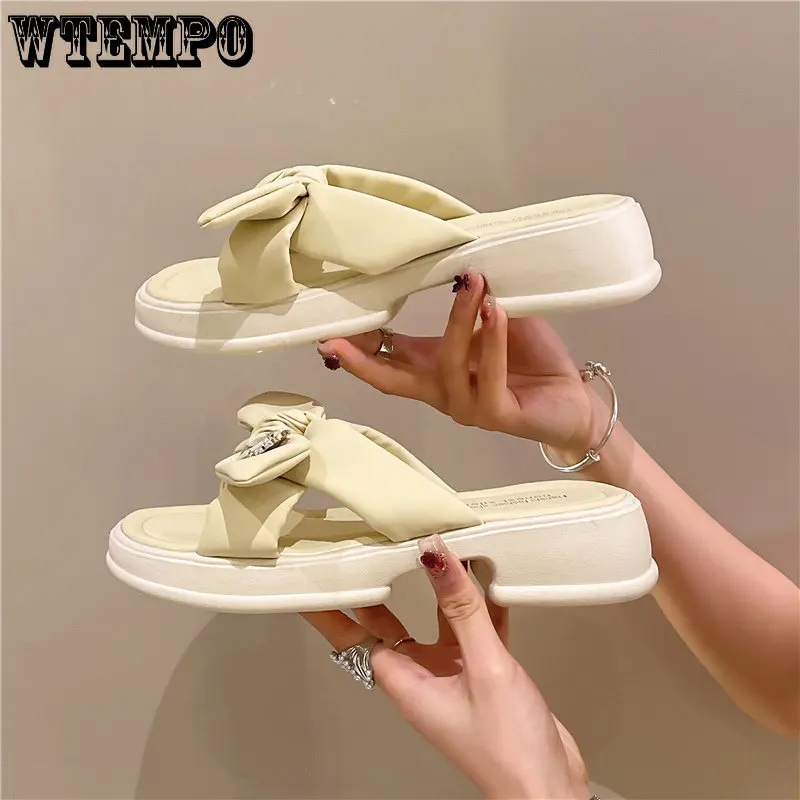 WTEMPO Summer Sandals Ladies Temperament Bow Knot Thick Bottom Slippers Platform Casual Beach Home Wear One Word Drag Wholesale