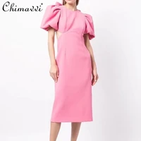 pink backless bow sexy mid calf length dress for ladies 2022 summer new fashion round neck puff sleeve slim dress female
