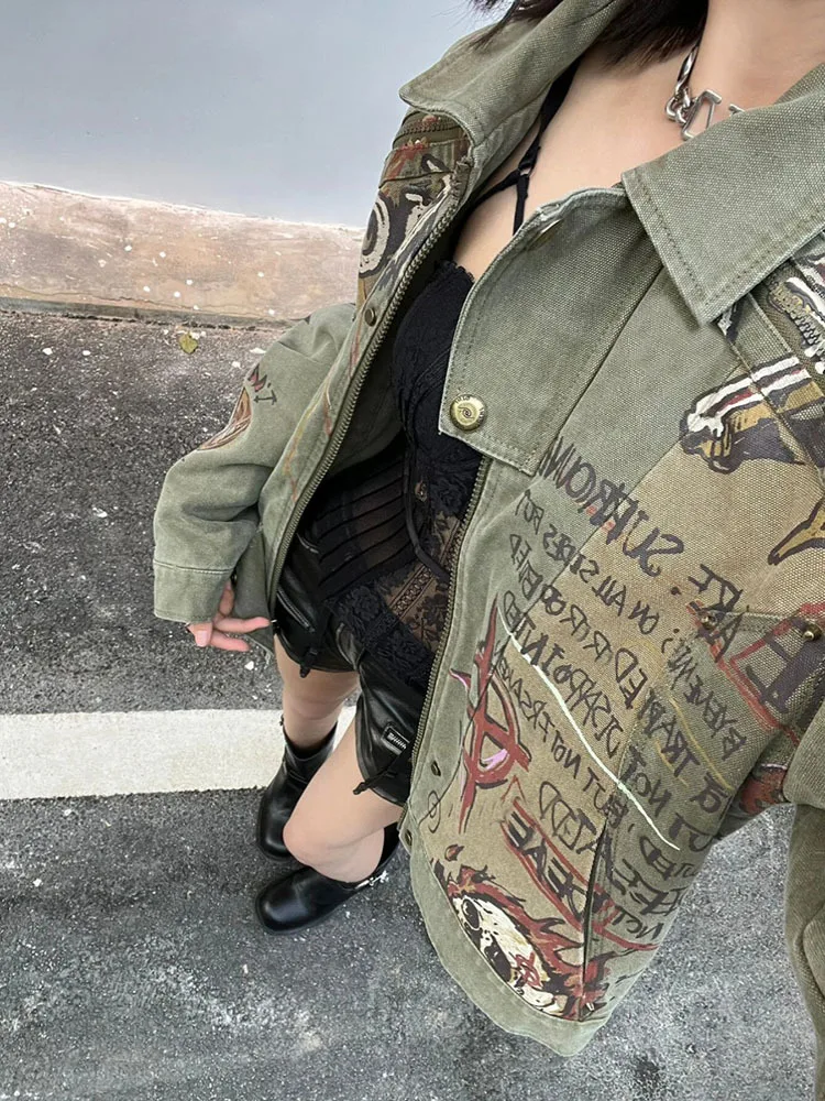 Женская джинсовая куртка с принтом в стиле Харадзюку