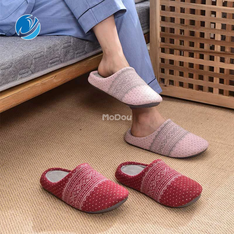 

Mo Dou New Spring Slippers Women Men Unisex Knitting Wool Soft Shoes Figure Non-Slip Bedroom Plush Indoor House TPR Sole Ladies