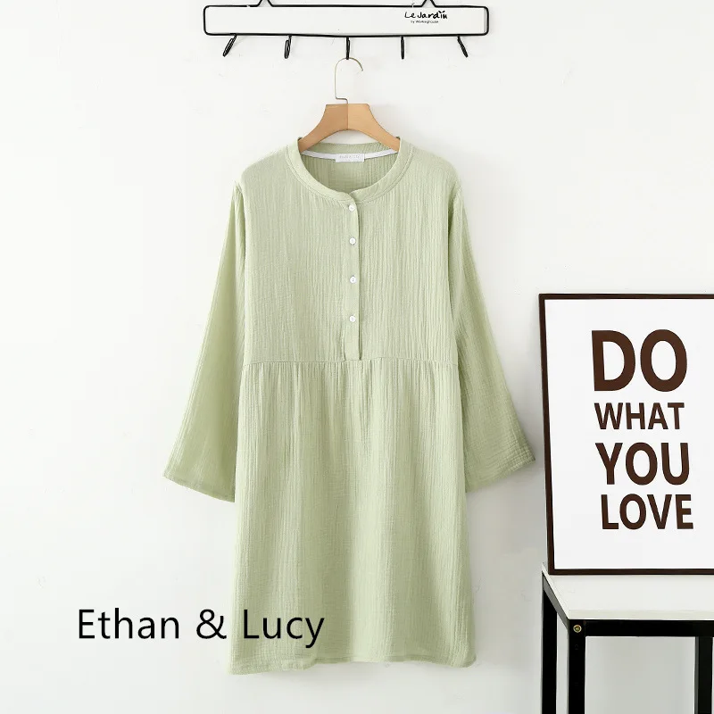 Ladies Cotton Yarn Round Neck Button Long Sleeve Nightdress Crepe Gauze Solid Nightgowns Loose and Soft Sleep Dress Home Skirt