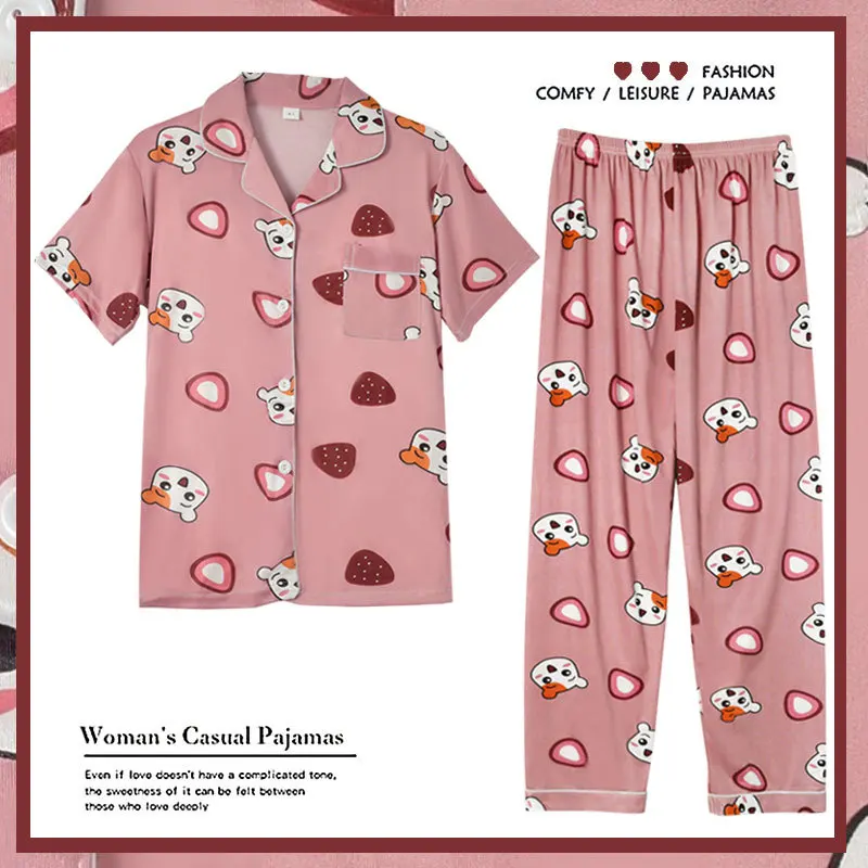New Sale Women Home Wear 2022 Spring Summer Short Sleeved Women Pajamas Set Long Pant Pyjamas Sets Cotton Leisure Sleepwear Set
