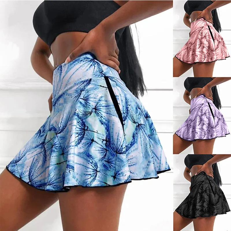 

Women Mini Skirt Tie-dye Print High Waist Two Layers with Pocket Skirt Workout Fitness Sport Skorts Golf Tennis Running Skirts