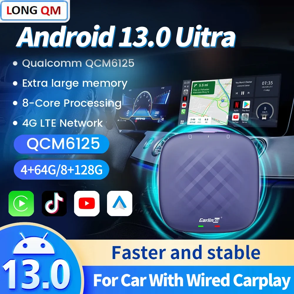 

Android 13 CarlinKit Android Auto Wireless CarPlay AI TV Box QCM6125 8-Core Split Screen 64G 128G For Netflix YouTube Play Store