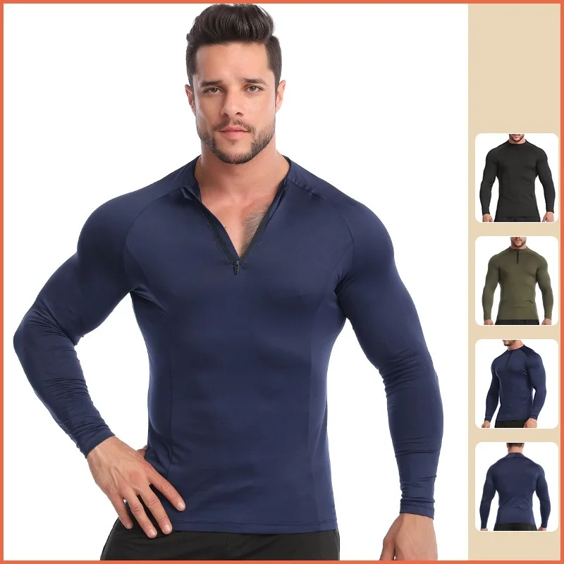 

Half Zipper Fitness Clothing Men's Stretch PRO Quick Dry T-Shirt Sweat Run Long Sleeve Sports Tights Breathable Outdoor Casual