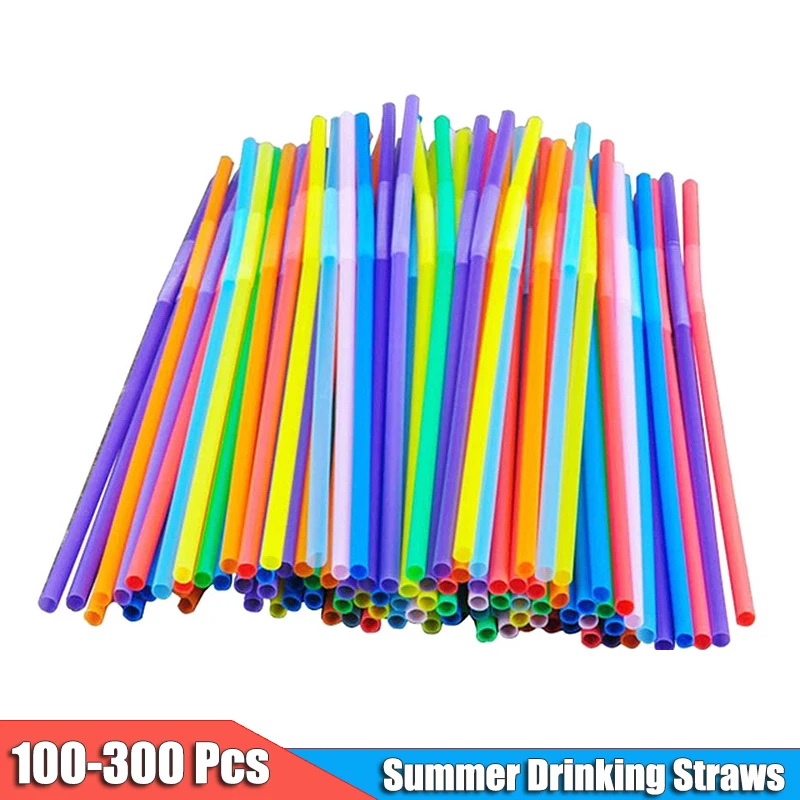 

300-100Pcs Multicolor Plastic Straws Drinking Disposable Drink Straw Party Cocktail Rietjes Wedding Accessories Kitchen Beverage