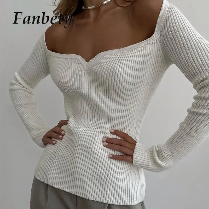 

Fashion Autumn 2023 Basic Sweaters Sexy Off Shoulder Knit Pullovers Women Slim Long Sleeve Square Collar Shirts and Blouses