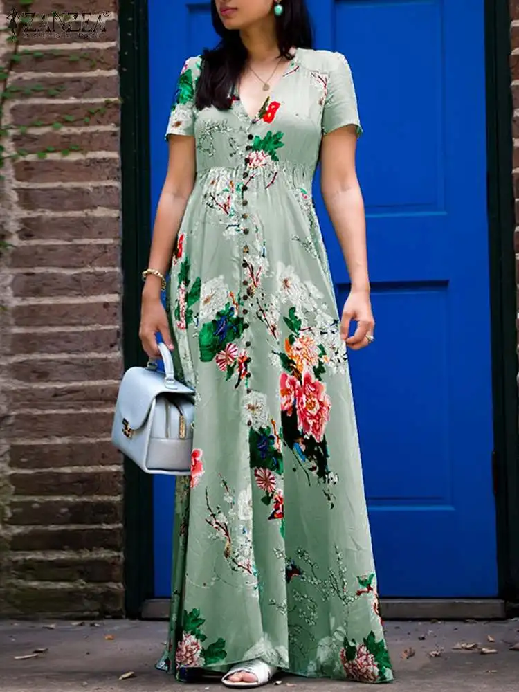 

Casual Beach Sexy Dresses Women's Elegant Long Shirt Robe 2022 Summer Holiday V Neck Vestidos ZANZEA Bohemian Printed Maxi Dress