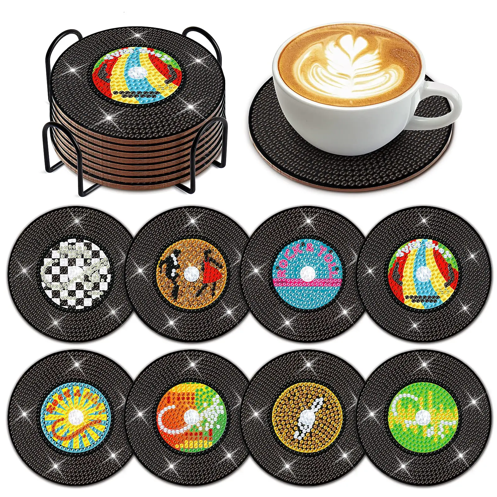 

8 Pcs Record Diamond Art Painting Coasters Kits with Holder DIY Record Diamond Art Coaster Non Slip Coaster for Adults