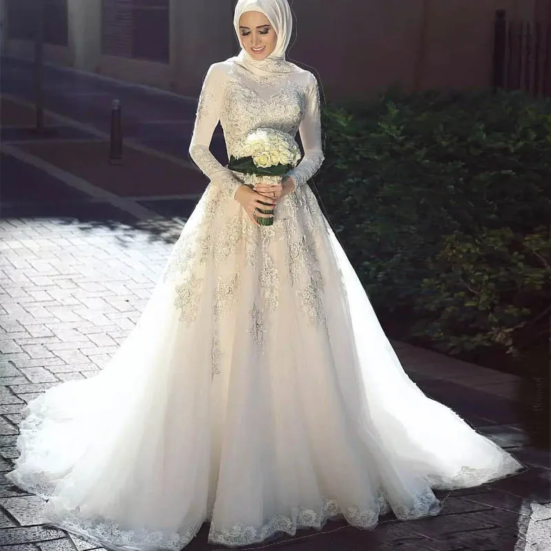 

Vestido de novia sin mangas Lace Muslim Wedding Dresses Long Sleeve O Neck Tulle Zipper Back Islamic Wedding Gowns with Scarf