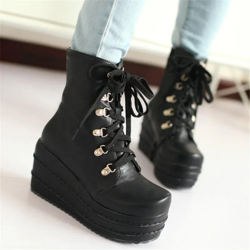 

Ботинки женские зимние в стиле панк, ботинки на платформе, на высоком каблуке, со шнуровкой, белые, размеры 34-43