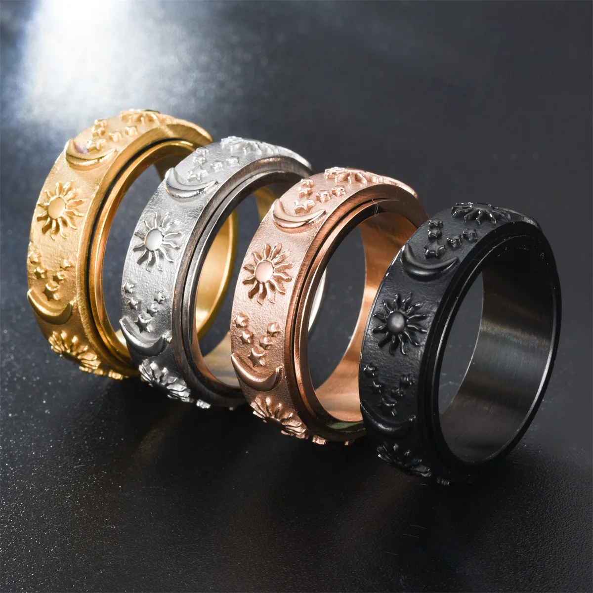 

Star Moon Sun Rotating Titanium Steel Ring Unisex Bohemian Stainless Steel Rings Relief Anxiety Jewelry Wholesale