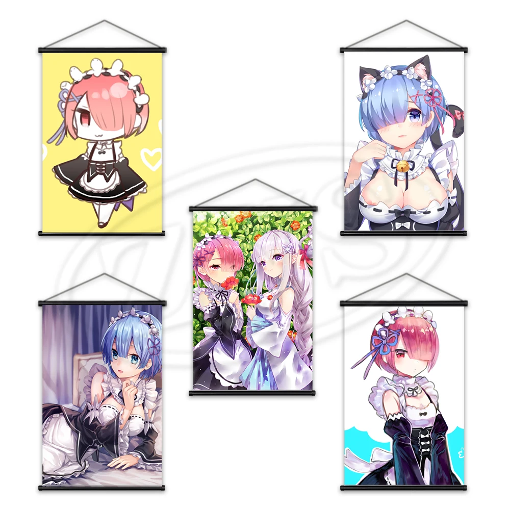 

Картина Rem Ram, постер, классическое искусство, аниме, холст, живопись, современная настенная роспись Re:Zero декоративная картина, Висячие свитк...