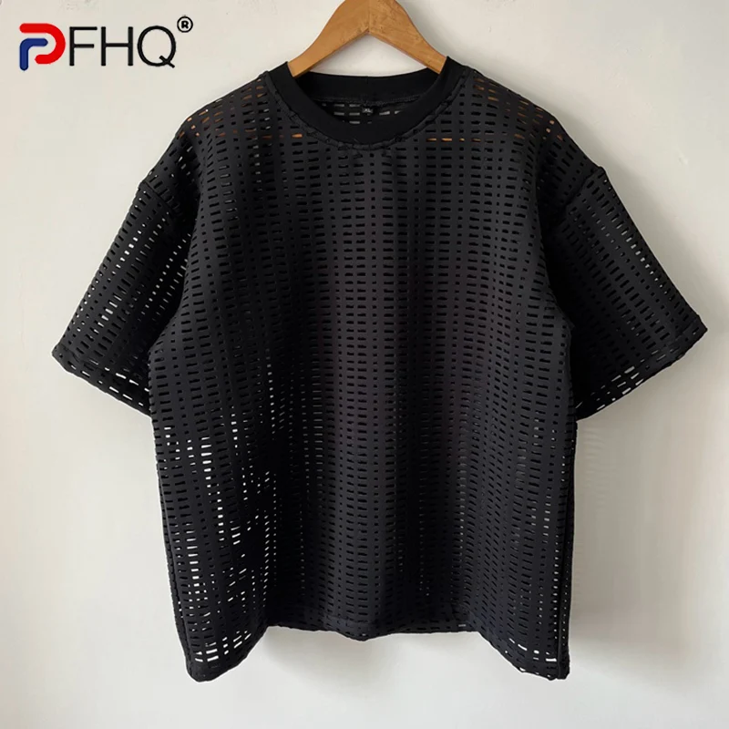 

PFHQ 2023 Summer New Fashion Casual For Men's T-shirt Solid Color O-neck Loose Short Sleeve Hollow Out Tops Men Tide 21F4045