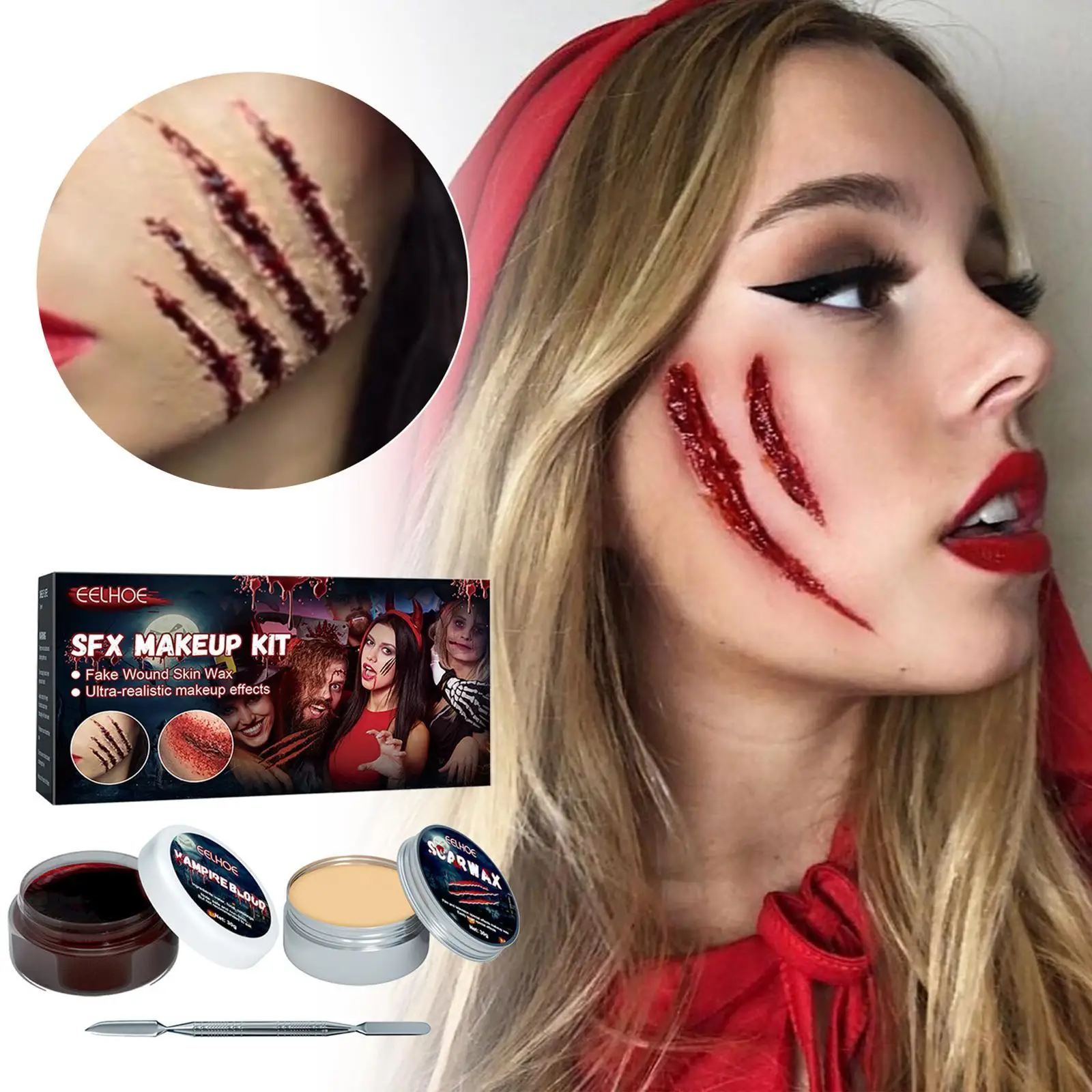 Halloween SFX Makeup Kit Safe Skin-friendly Scars Wax Fake Blood Gel Silver Spatula Special Effects Realistic Wounds Set |