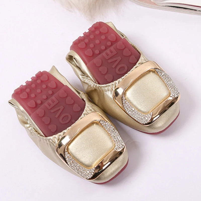 Балетки женские складные с квадратной металлической пряжкой Мокасины мягкой