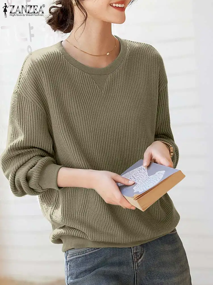 Модные женские трикотажные топы ZANZEA с круглым вырезом и длинным рукавом осенняя