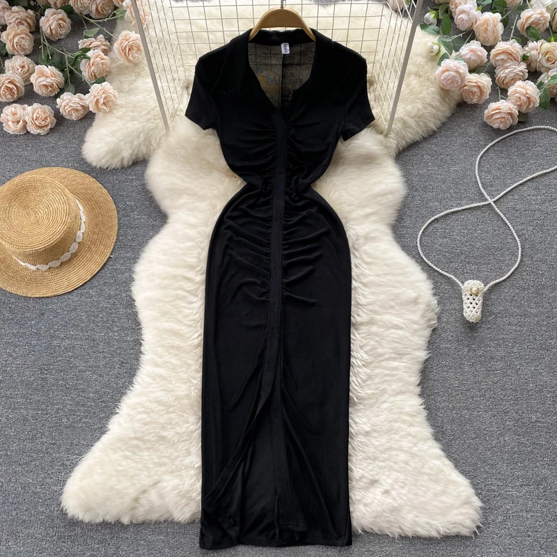 

Sexy Black Dressress Pleated Long Party Dress Vintage Side Slit Jurk V Neck Vestidos Bodycon Elastic Clothing Women Dropshipping