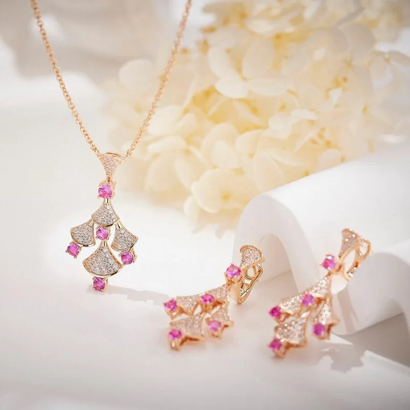 

Europe America Fashion Style High-end Jewellery Women Lady Settings Pink Cubic Zircon Tassels Fanned Pendant Necklace Earrings