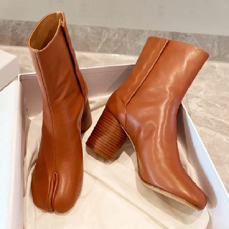 

Genuine Leather Split Toe Ninja Tabi Boots Women Brand Design Real Cow Leather Ankle Boot Woman Round High Heels Shoes