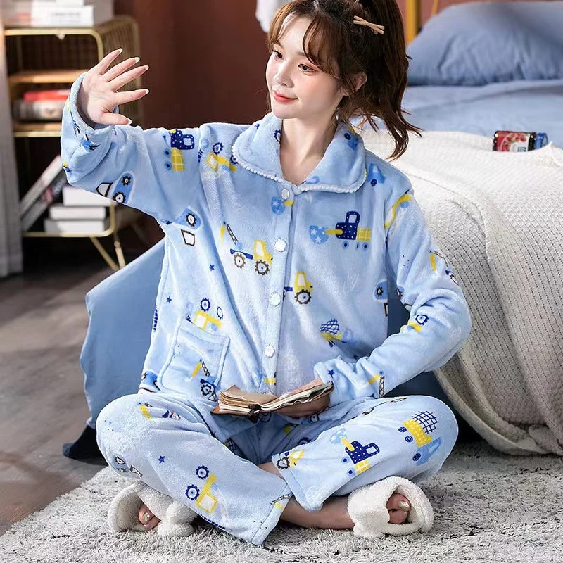 Winter Warm Flannel Pajamas Sets Women Thick Warm Long Sleeve Pyjamas Turn-Down Collar Sleepwear Home Suits Ladies Nightwear