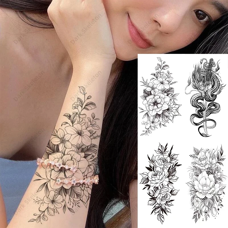Водостойкая Временная тату-наклейка черная роза Бабочка цветы Сексуальная