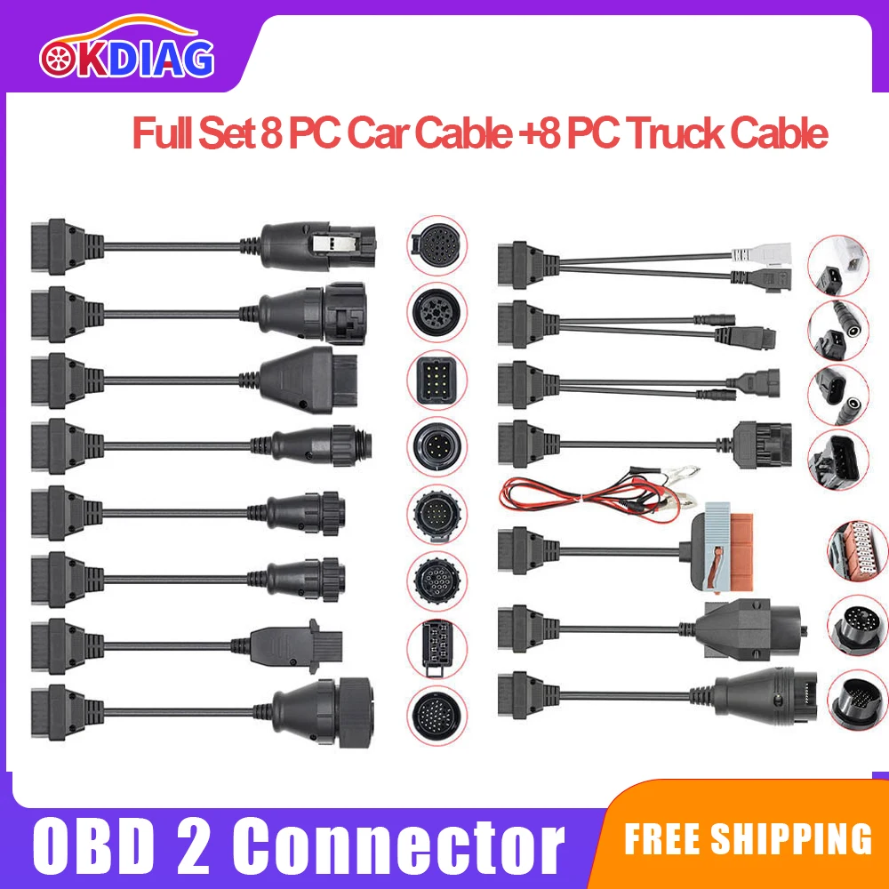 

Полный комплект, 8 кабелей для автомобиля, грузовика, кабели OBD2, диагностический разъем, автомобильные кабели, комплект кабелей для грузовик...